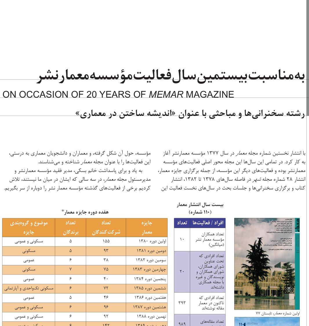به مناسبت بیستمین سال فعالیت مؤسسه معمار نشر